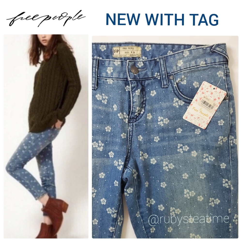 FREE PEOPLE Cute Small Ditsy Floral Print Ankle Crop Skinny Jeans, NEW WITH TAGS